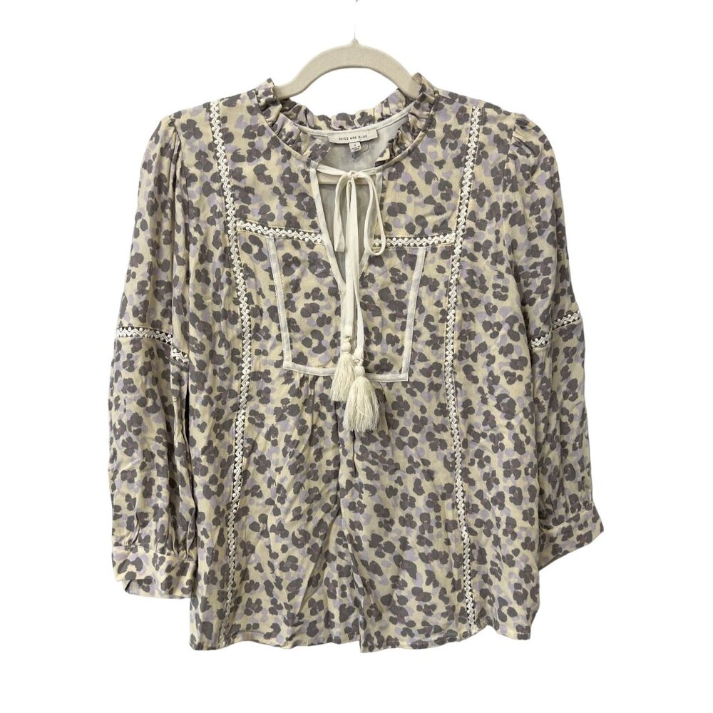Skies Are Blue Blouse Size Small Floral Pattern Long Sleeve Bohemian Tassel